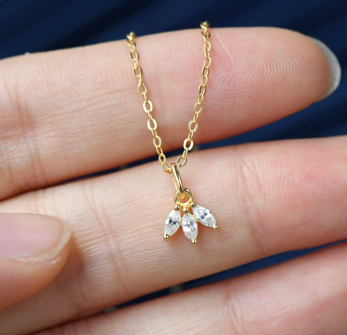 Dainty Marquise 3 Stone Necklace | Sterling Silver, Gold Plated Necklace | Marquise Art Deco Choker | Vintage Delicate Necklace | Matching