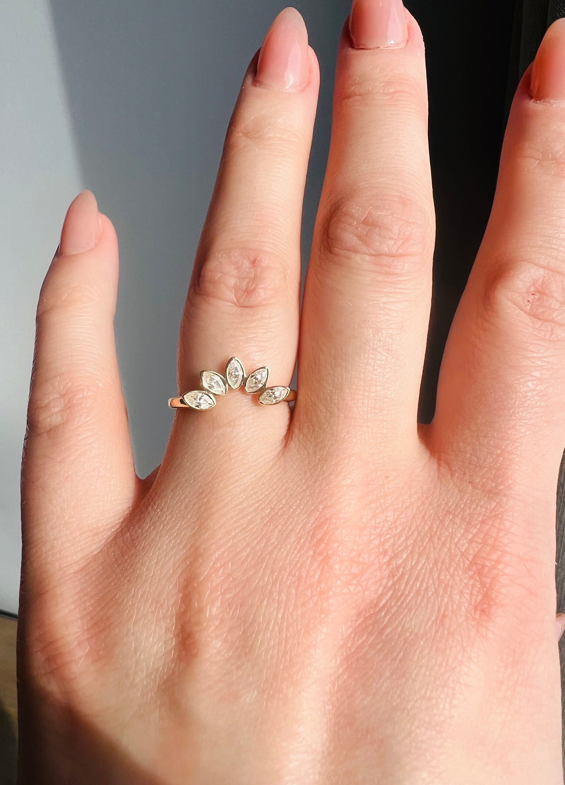Custom Moissanite Marquise Stacking Ring | Curved Wedding Ring Women | Bezel Marquise Sunburst Ring | Minimalist Nesting Ring Real Gold