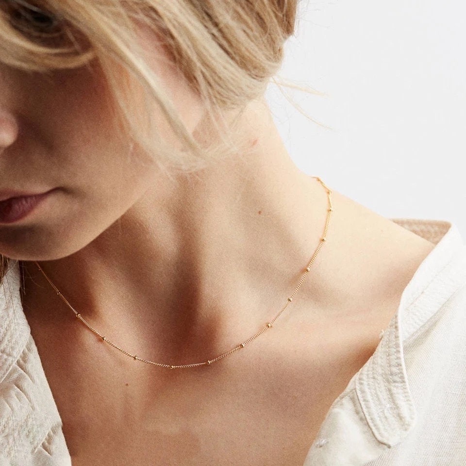 18K Gold Dainty Satellite Necklace | Beaded Necklace | Gold stainless steel necklace | Water, Tarnish Resistant Chain | gift for her