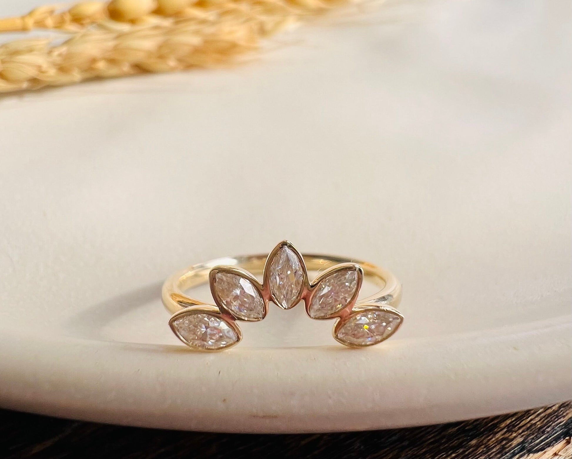 Custom Moissanite Marquise Stacking Ring | Curved Wedding Ring Women | Bezel Marquise Sunburst Ring | Minimalist Nesting Ring Real Gold