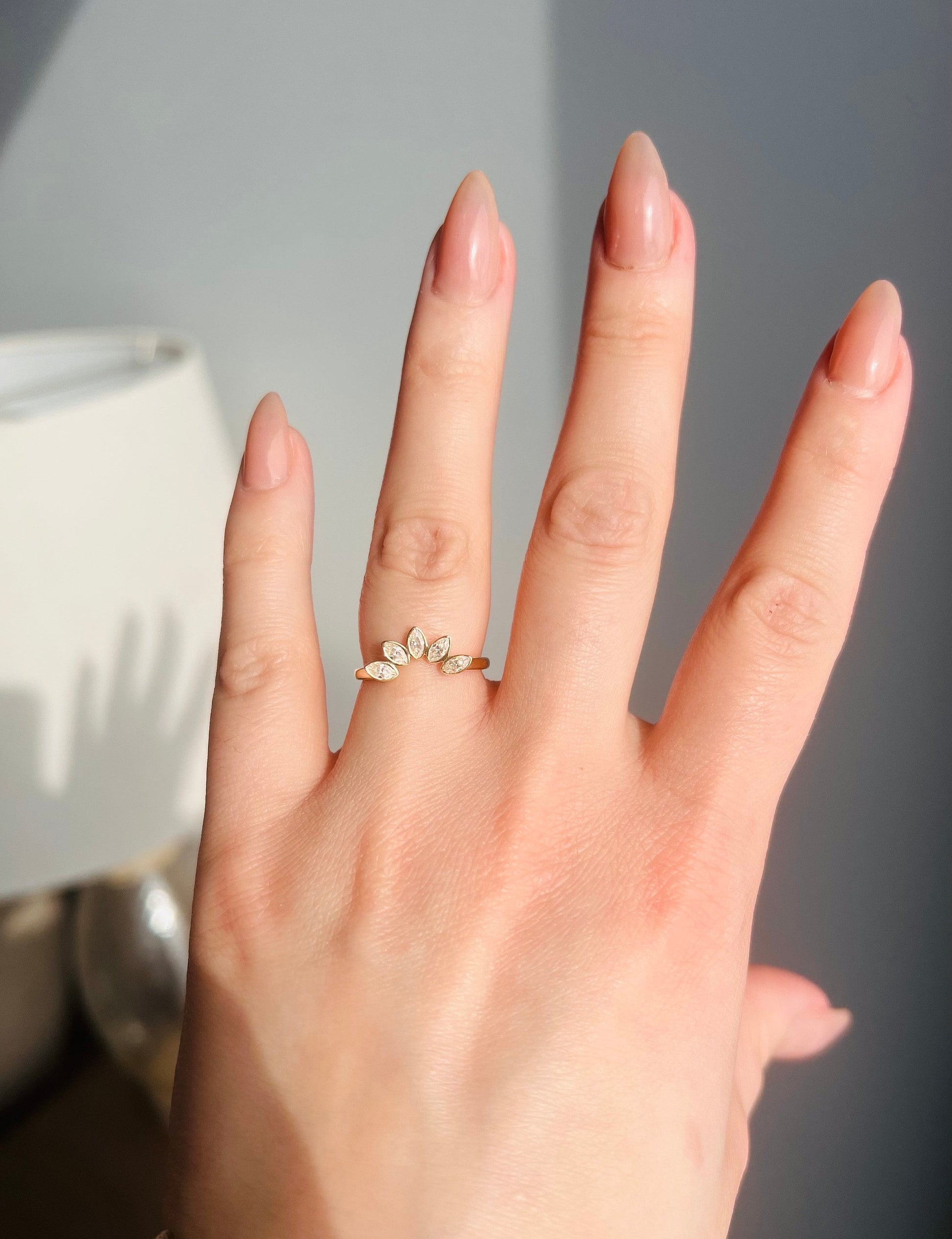 Custom Moissanite Marquise Stacking Ring | Curved Wedding Ring Women | Bezel Marquise Sunburst Ring | Minimalist Nesting Ring Real Gold