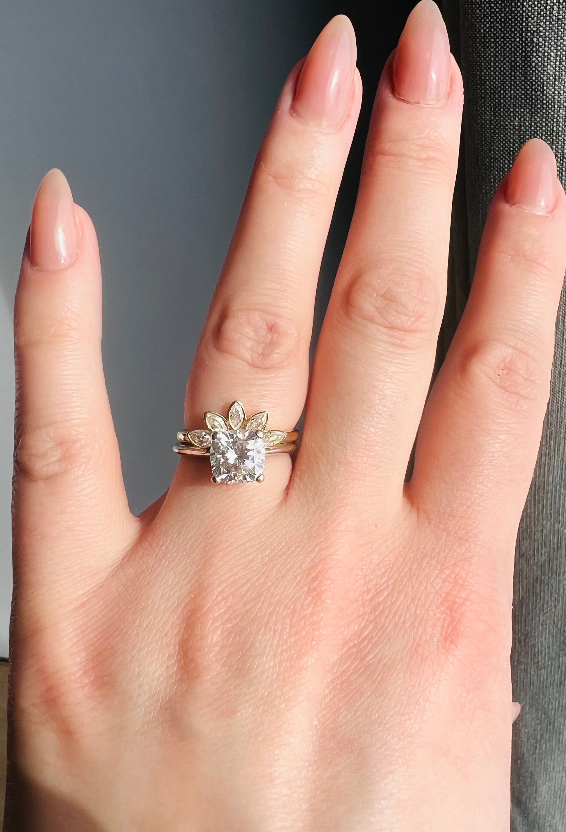 Custom Moissanite Marquise Stacking Ring | Curved Wedding Ring Women | Bezel Marquise Sunburst Ring | Minimalist Nesting Ring Real Gold