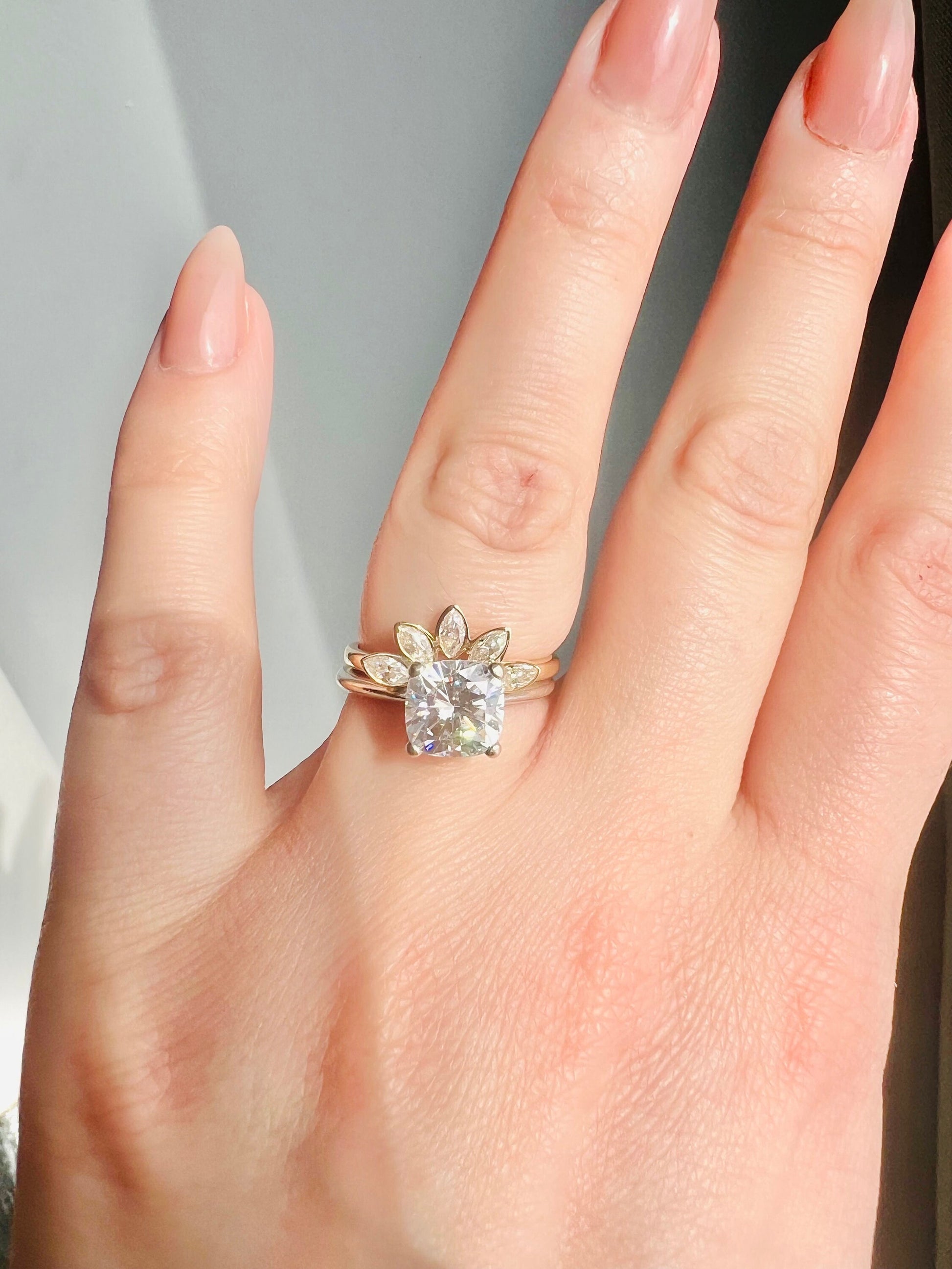 Custom Moissanite Marquise Stacking Ring | Curved Wedding Ring Women | Bezel Marquise Sunburst Ring | Minimalist Nesting Ring Real Gold