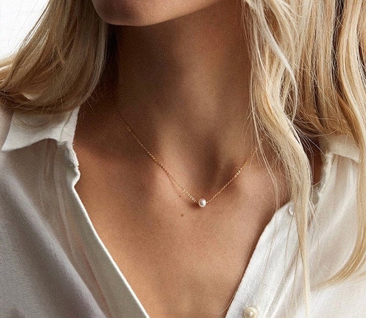 Gold Pearl Layering Chain | Thin Choker Necklace | Dainty Minimal Necklace | Bridesmaid Jewelry | Simple Pearl Chain | Bridal Necklace |Gift