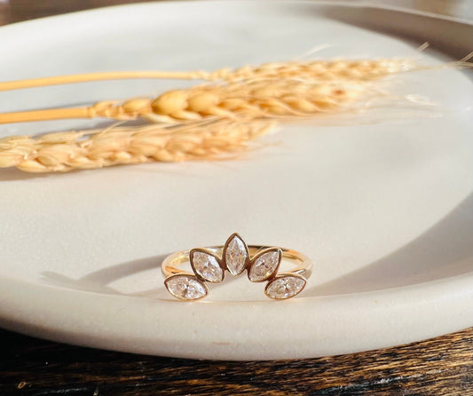 Custom Moissanite Marquise Stacking Ring | Curved Wedding Ring Women | Bezel Marquise Sunburst Ring | Minimalist Nesting Ring Real Gold