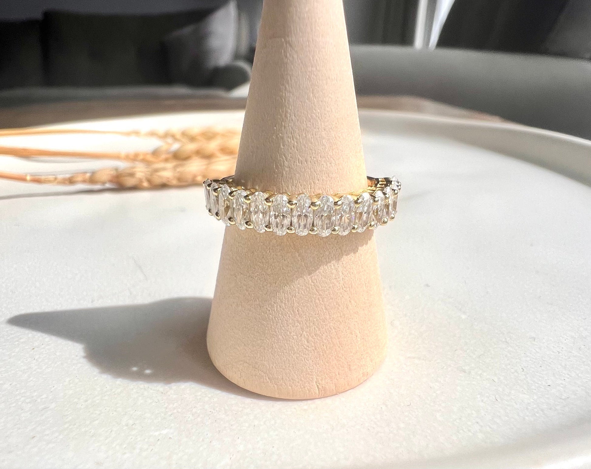 Oval Moissanite Wedding Band | Yellow Gold Unique Half Eternity Wedding Band | Vintage Stacking Ring | Matching Bridal Promise |Gift for Her