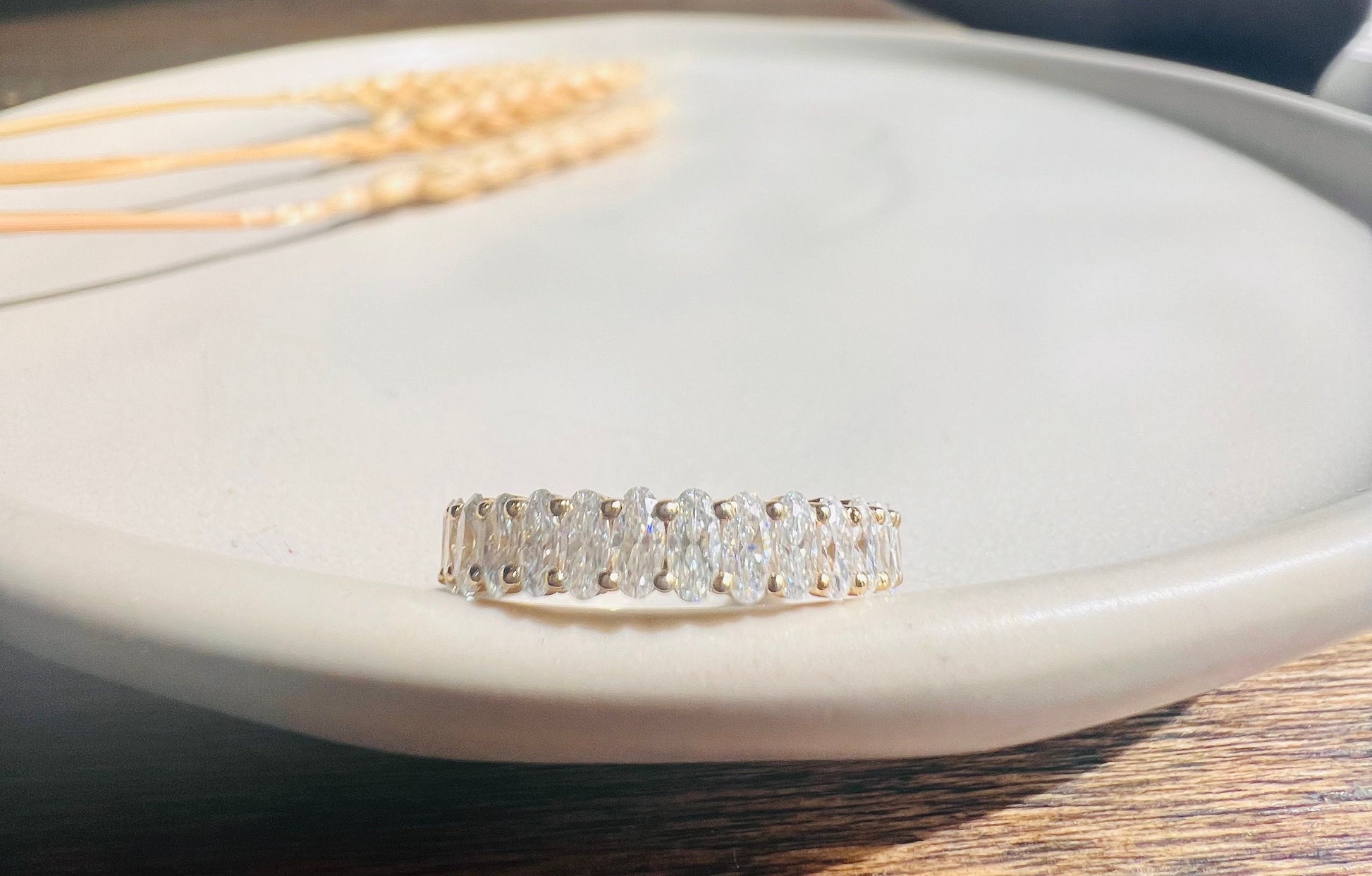 Oval Moissanite Wedding Band | Yellow Gold Unique Half Eternity Wedding Band | Vintage Stacking Ring | Matching Bridal Promise |Gift for Her