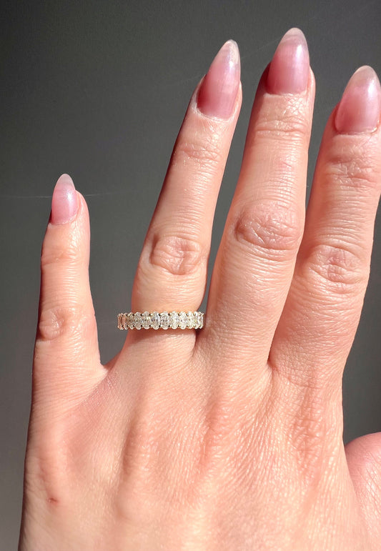 Oval Moissanite Wedding Band | Yellow Gold Unique Half Eternity Wedding Band | Vintage Stacking Ring | Matching Bridal Promise |Gift for Her