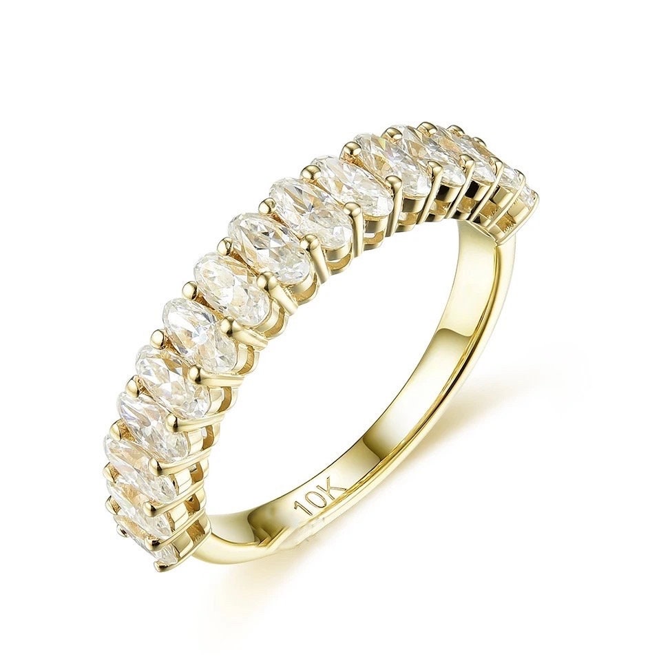 Oval Moissanite Wedding Band | Yellow Gold Unique Half Eternity Wedding Band | Vintage Stacking Ring | Matching Bridal Promise |Gift for Her