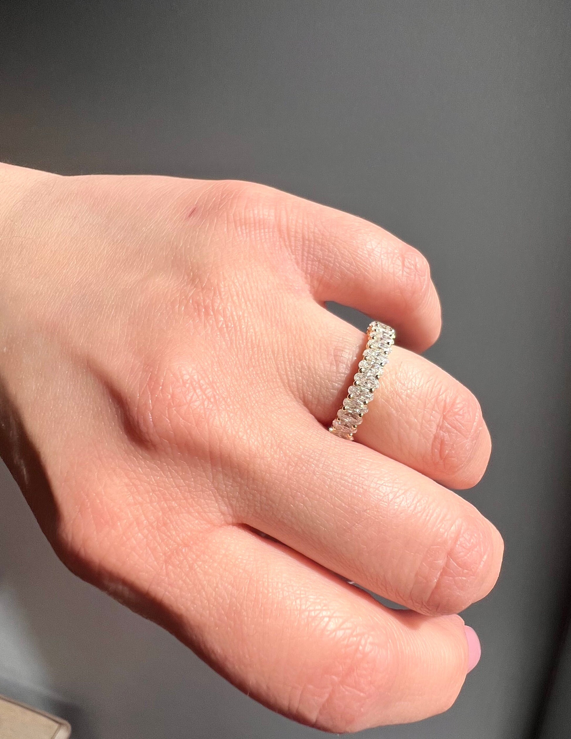 Oval Moissanite Wedding Band | Yellow Gold Unique Half Eternity Wedding Band | Vintage Stacking Ring | Matching Bridal Promise |Gift for Her