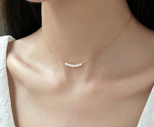Gold Pearl Necklace | Thin Choker Necklace | Dainty Minimal Necklace | Bridesmaid Jewelry | Simple Pearl Chain | Bridal Necklace |Gift