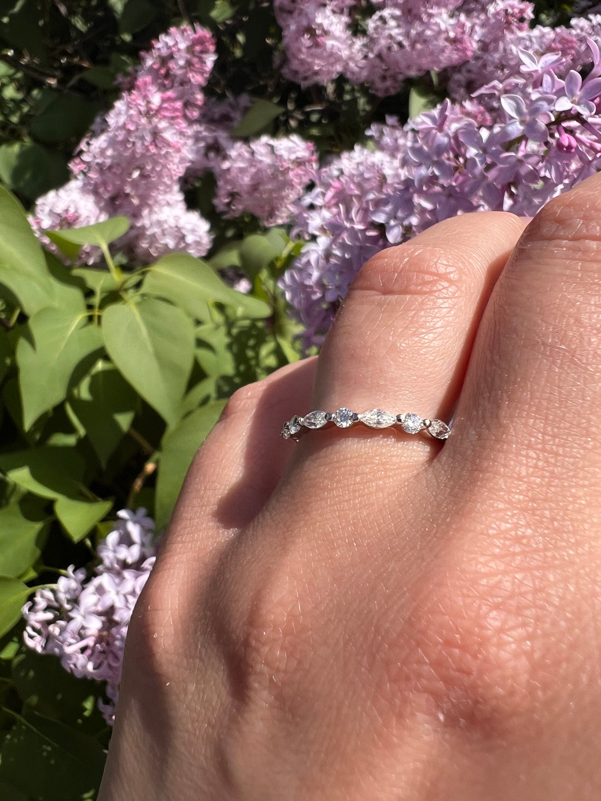 Art Deco Wedding Band |Vintage Yellow Gold Stacking Band |Marquise Moissanite Half Eternity Matching Band Antique Anniversary Ring | For Her